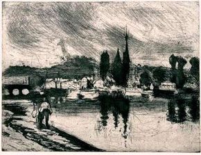 View of Rouen (Cours-la reine) by Camille Pissarro(etchingthe print collectionDivision of Art, Prints, andYork Public Library.