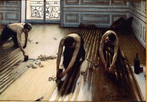 The Floor Scrapers by Gustave Caillebotte is an oil on canvas (39-3/8 x 57-1/4 inches). It can be seen at Musée d'Orsay, Paris.