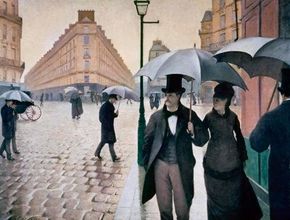 Gustave Caillebotte's Paris Street; Rainy Dayis an oil on canvas (83-1/2 x 108-3/4 inches),which is owned by The Art Institute of Chicago.