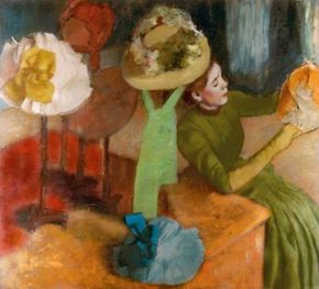 Hilaire-Germain-Edgar Degas's The Millinery Shopis an oil on canvas (39-3/8x43-9/16 inches),which is housed in The Art Institute of Chicago.