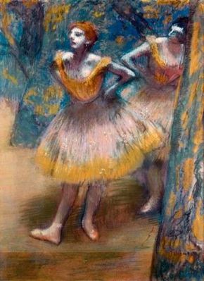 Hilaire-Germain-Edgar Degas's Two Dancers is a pastel on cream woven paper, pieced and laid down on board (27-3/4x21-1/8 inches), which is in the possession of The Art Institute of Chicago.