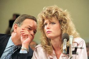 Fawn Hall and her attorney on June 9, 1987, at the Iran-Contra hearings – after she became a paper-shredding legend.