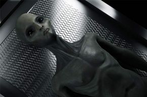 This conceptualized image shows an alien life form on an operating table prior to an autopsy