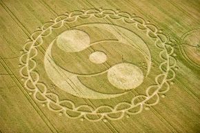 This intricate crop circle was made in Wiltshire, England. Far from being the work of aliens, two artists and drinking buddies admitted to making many of them.