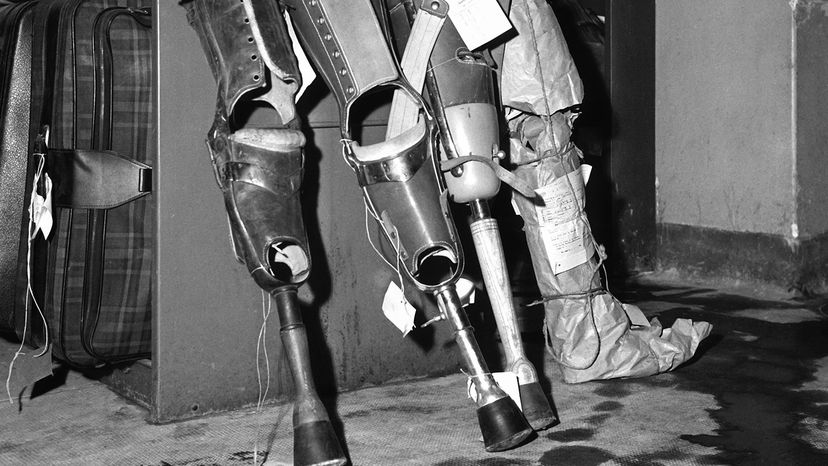 Prosthetic legs await their owners at the lost property office on the rue des Morillons in Paris, France in March, 1968.