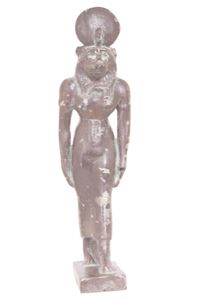 A statue of the Egyptian goddess Bast, with a lion's rather than a cat's head, as she was depicted early in Egyptian civilization.