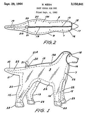 美国专利＃3,150,641的插图，狗的防尘盖。除了将灰尘远离狗外，1964年的发明旨在在化学物质起作用时将跳蚤治疗产品保留在狗的皮肤上。该专利解释说，尘埃盖也可以在洗澡后干燥狗。您将吹风机炸到提供的端口，热空气在狗的身体周围循环。“border=