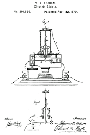 托马斯·爱迪生（Thomas Edison）1879年在电灯上获得的插图，这是他的第一个这样的设备。爱迪生在他的整个职业生涯中扩大了这项专利的想法，声称拥有数百项与电灯相关的专利。“width=