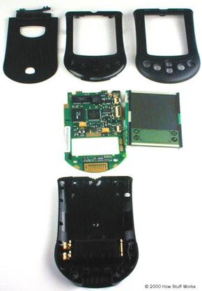 Here are the parts of the PDA -- the case, the LCD screen and the circuit board. This model comes in basic black, but you can buy interchangeable covers in various colors.