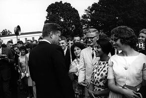 President Kennedy greets the very first Peace Corps volunteers in August, 1962.