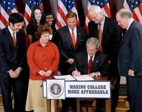 President George Bush signs the College Cost Reduction Act making college more affordable for low-income students by increasing funding for Federal Pell Grants by more than $11 billion.
