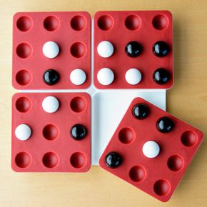For the travel edition pictured here, the board's quadrants are attached to the base by sliding, swiveling mechanisms.The spatial reasoning required to plan ahead for quadrant twists will challenge children and adults alike.