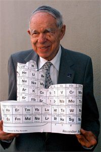 Dr. Glenn Seaborg, the physicist who discovered plutonium and the man behind the element Seaborgium, holds a gift sculpted by a fan. Who says science isn't rewarding!