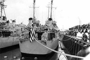 In a 1951 ceremony at the Boston Naval Shipyard, Massachusetts, the USS Eldridge (DE-173) was transferred to the Royal Hellenic Navy.
