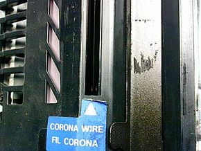 The corona wire uses static electricity to coat both the photoreceptive drum and the copy paper with a layer of positively charged ions.