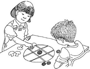 Illustration of two children play a game of pizza tic-tac-to