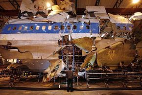 The reconstructed remains of Pan Am flight 103 lie in a warehouse on January 15, 2008 in Farnborough, England.