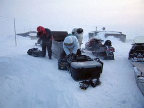 The Antarctic team prepares to set out for a long day of shooting in sub-zero temperatures.