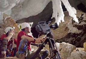 A two-man camera team shoots in New Mexico's Lechuguilla crystal caves.