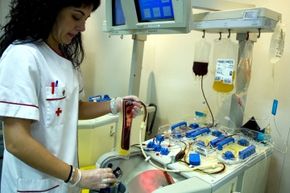 An apheresis machine in use at a Red Cross donation center in Madrid, Spain.