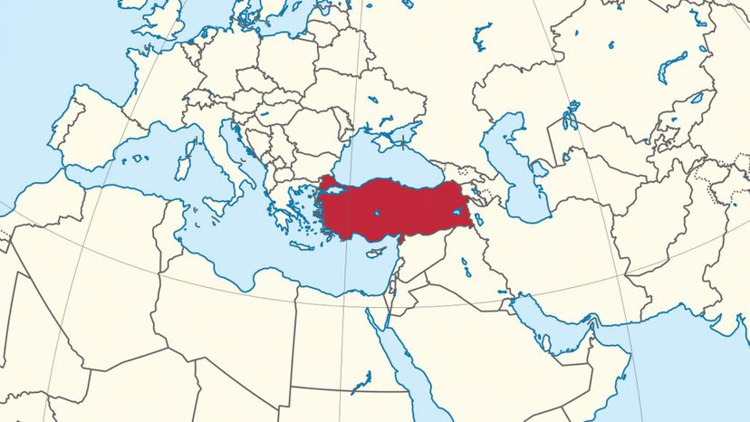 Turkey on the globe (Turkey centered). 