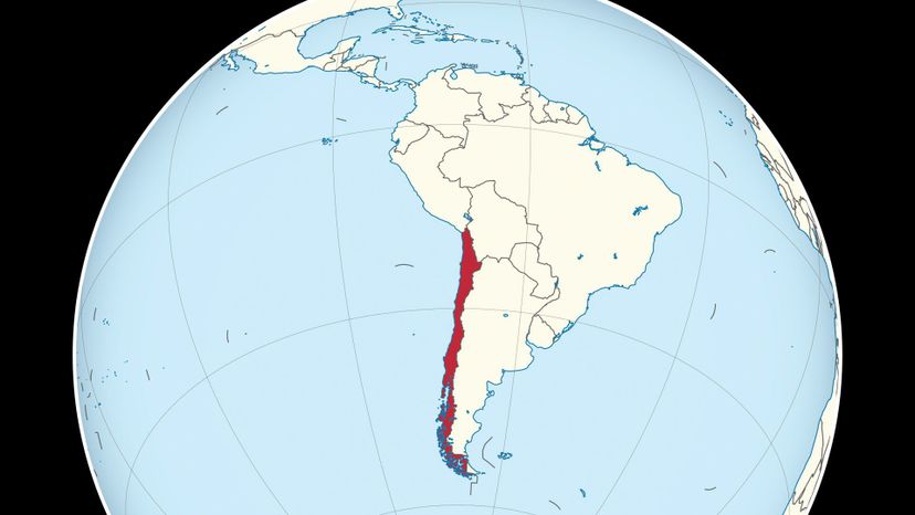 Chile on the globe (Chile centered). 