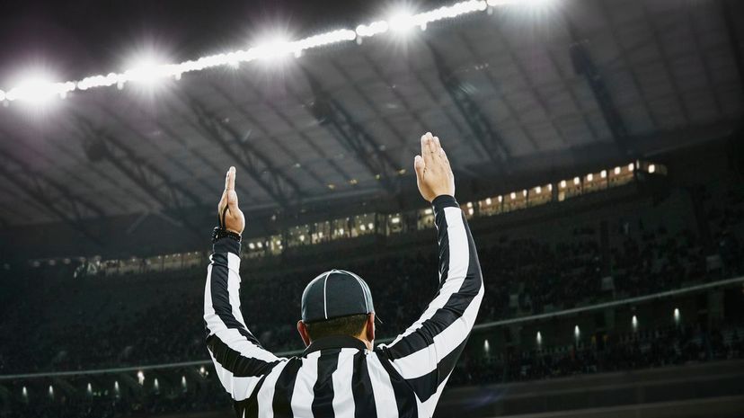Football referee signaling touchdown in stadium