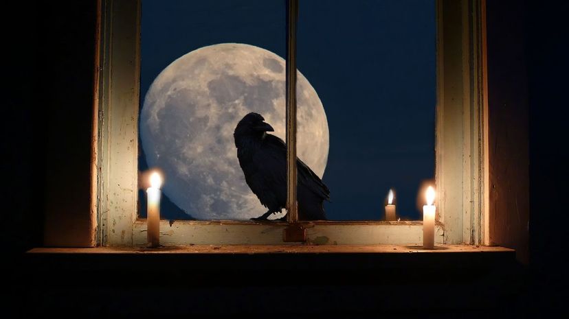 Candles, window, moon and raven