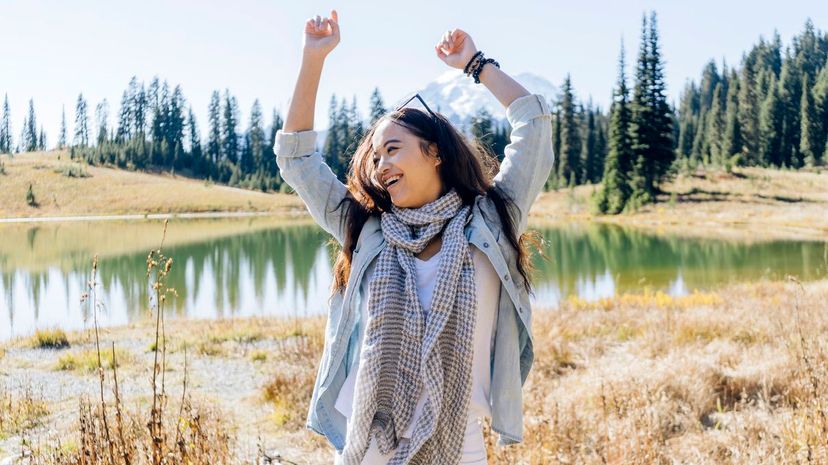 Woman dancing at tipsoo lake of MT.Rainier