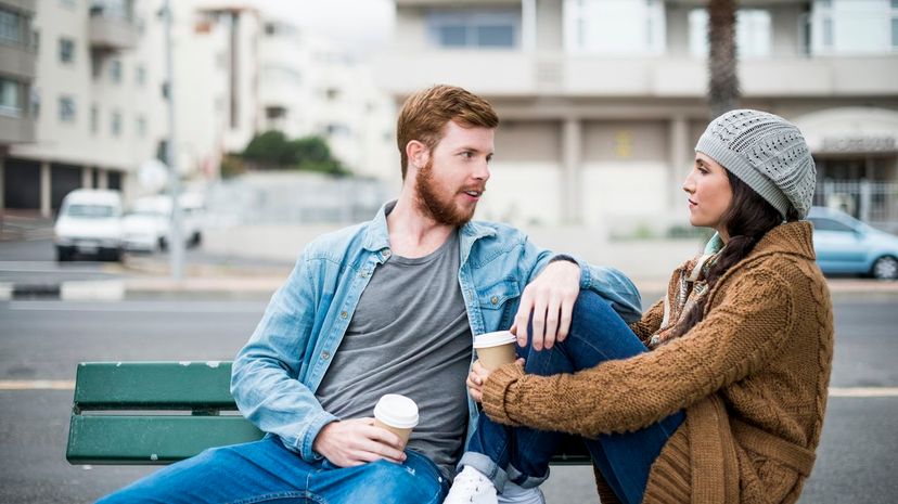 Couple Drink Coffee Bench