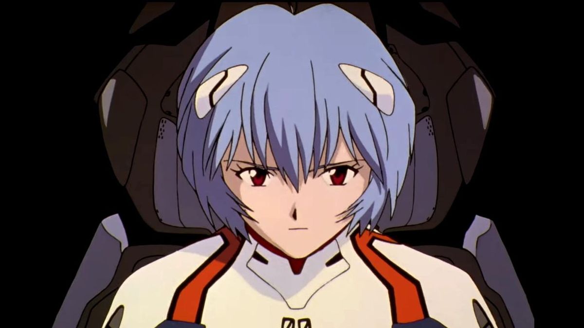Cute human-like robot boy with long white hair, anime style, neon genesis  evangelion
