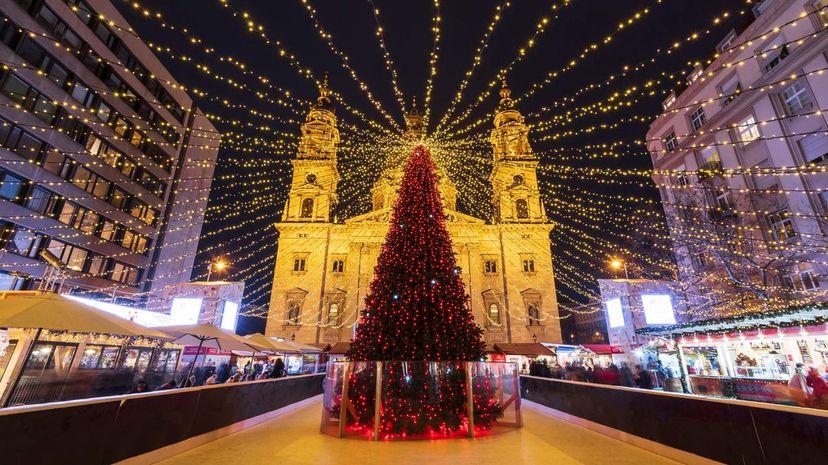 Christmas tree at night in front of St. Stephen's Basilica in Budapest, Hungary