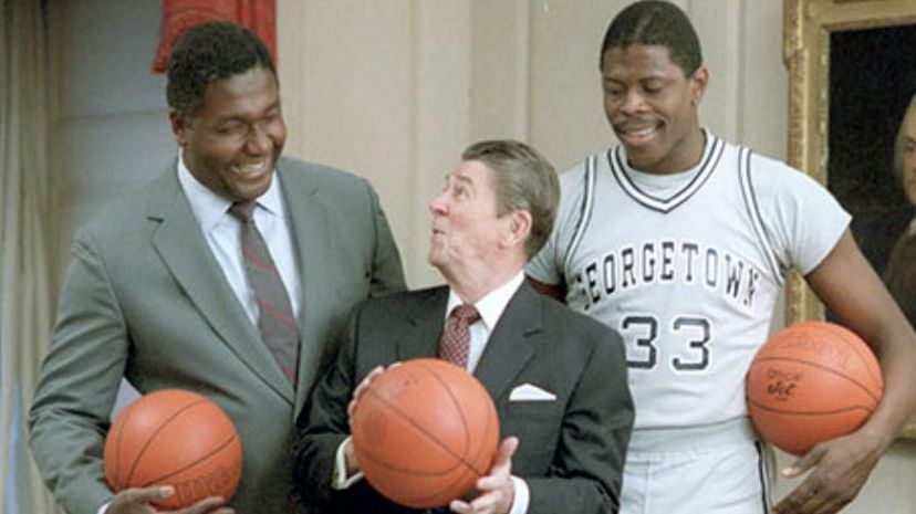 President Reagan with Patrick Ewing and John Thompson