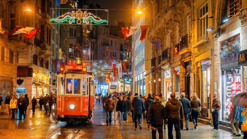 Christmas Lights, National Flags and Tramway in Istanbul, Turkey