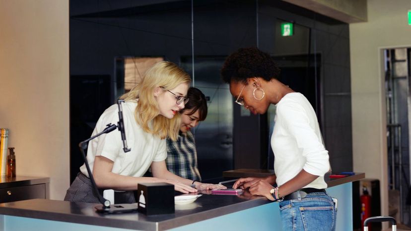 Traveler checking in at hotel