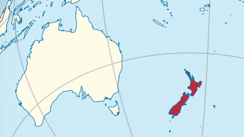 New Zealand on the globe (New Zealand centered). 