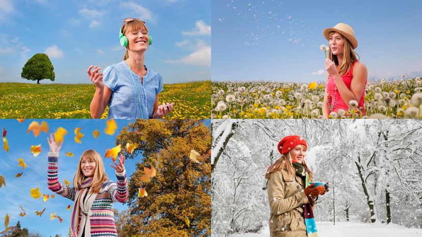 Four seasons of woman playing outdoors
