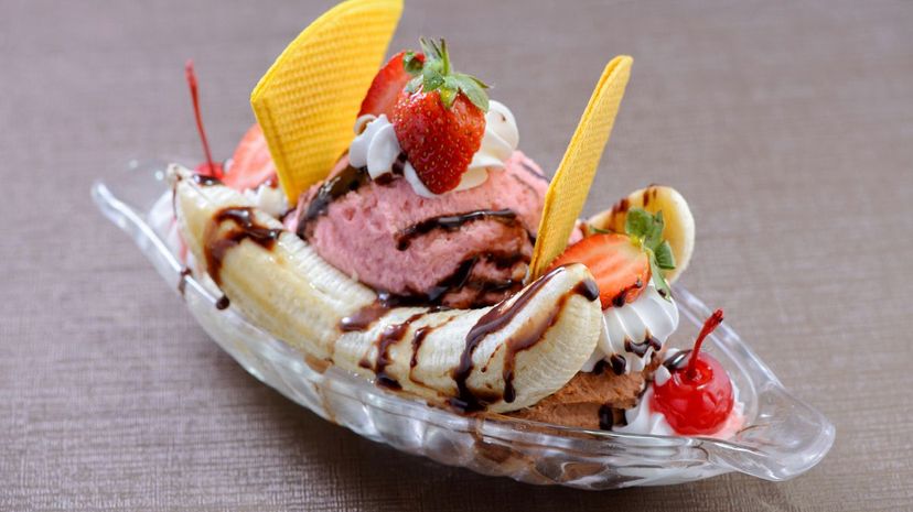 Banana split, and ice cream dessert with toppings