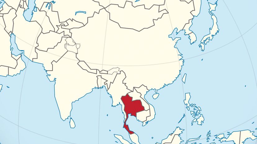 Thailand on the globe (Asia centered). 
