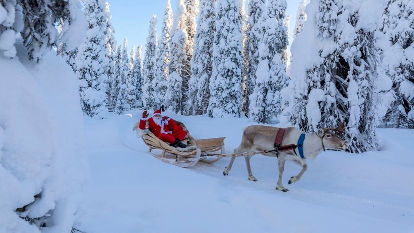 Santa Claus on reindeer sleigh in the snowy forest, Ruka (Kuusamo), Northern Ostrobothnia region, Lapland, Finland