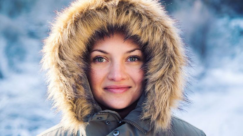 Portrait of a russian girl with beautiful eyes and covered with hairy hoodie of his winter coat