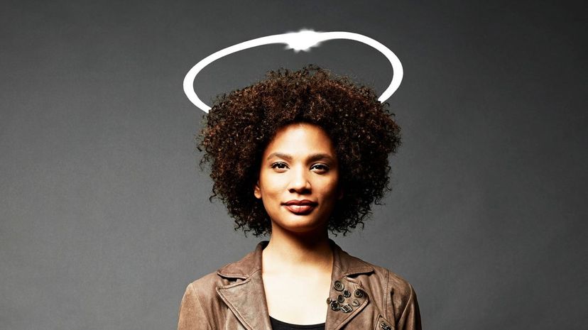 Woman with imaginary angel halo