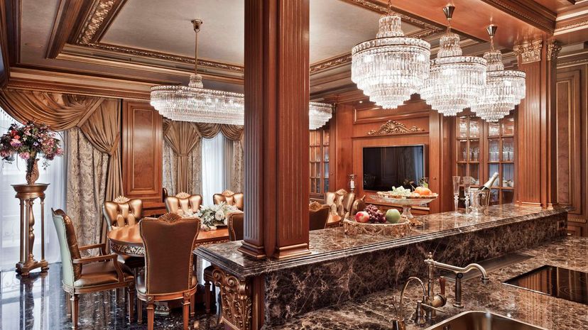 Dining room with glass chandeliers