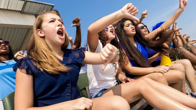 Sports fans cheering and booing opposing team in stadium