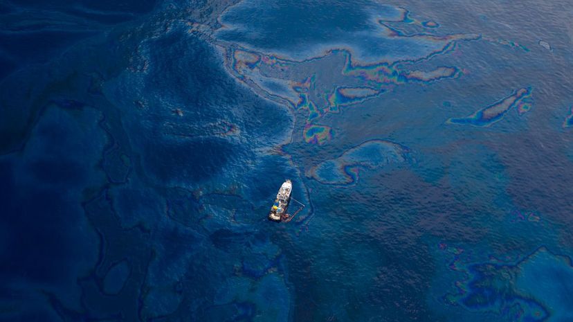 Boat in Oil Covered Water of Gulf of Mexico