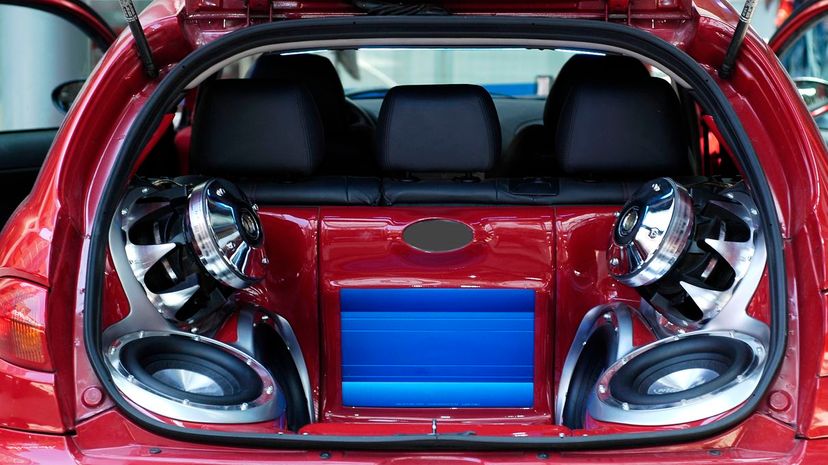 Hi-fi music big loudspeakers installed in a car's trunk