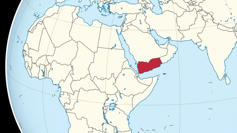 Yemen on the globe (Yemen centered). 