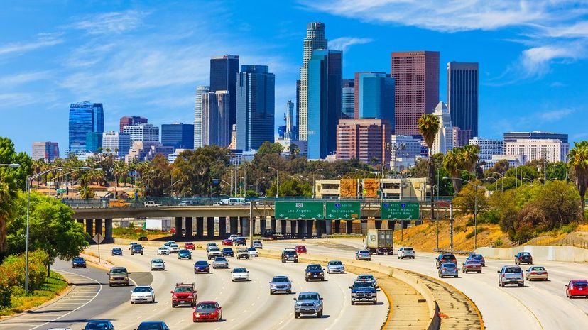 Skyline of Los Angeles with freeway traffic,CA