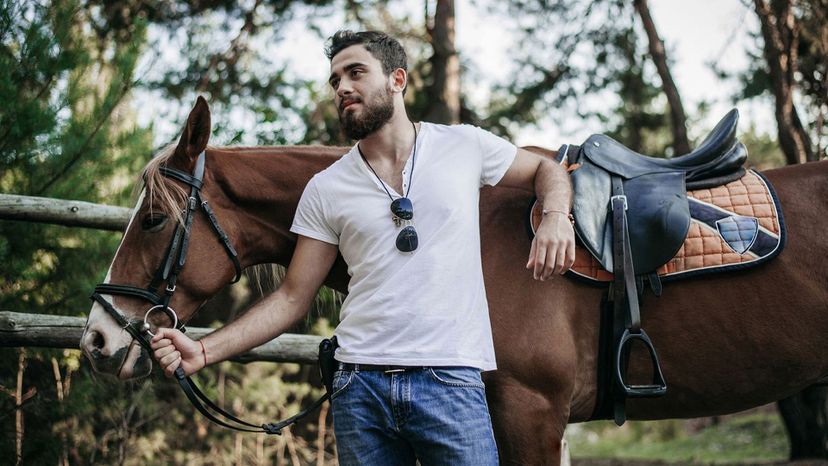 attractive man cowboy horse farm beard t-shirt jeans sunglasses