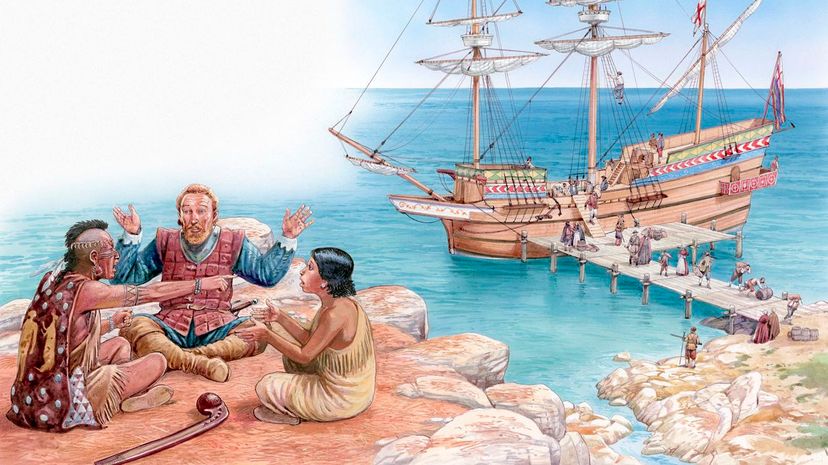 Pocahontas and her father sitting with Captain John Smith